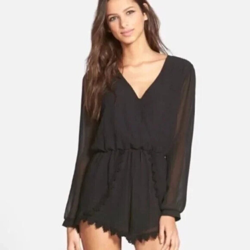 ASTR Women Sheer Romper Size XS Black Long Sleeve Crochet Trim Casual Party 72-2